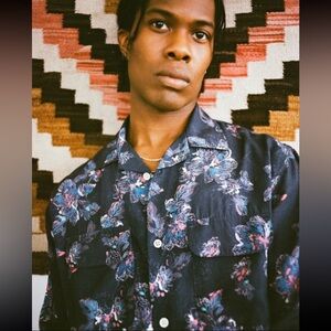 Corridor Novella Floral Print Long Sleeve Button-Up Shirt Navy Blue Size XL